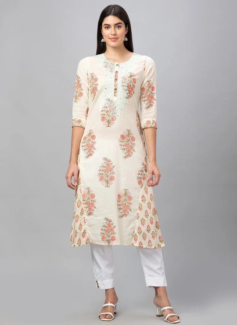 جلو باص Globus Women Ecru Printed Round Neck 3/4 Sleeves Panelled A-Line Kurta